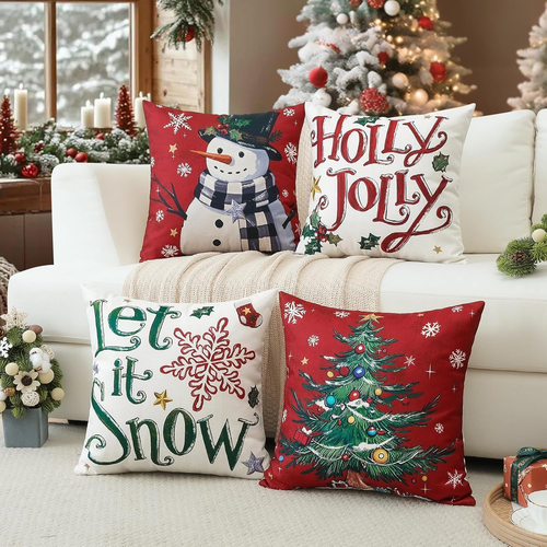 Weihnachten Kissenbezüge 18x18 Zoll 4er Set Schneemann Baum Home Sofa Dekor Rot - Bild 2 von 12