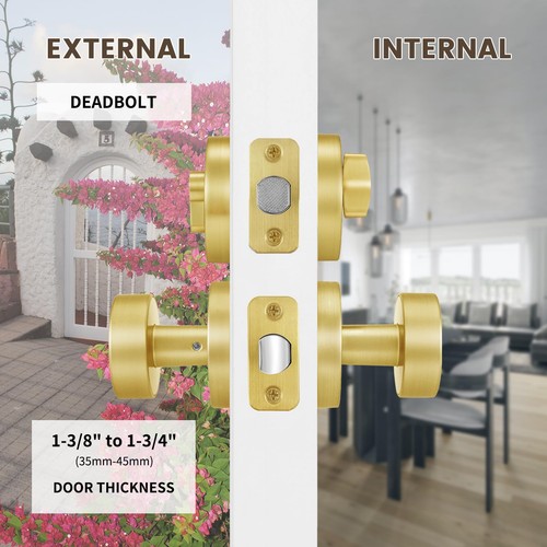 Gold Door Knob with Deadbolt Lock Brushed Front and Set Satin Brass Exterior - Picture 3 of 8