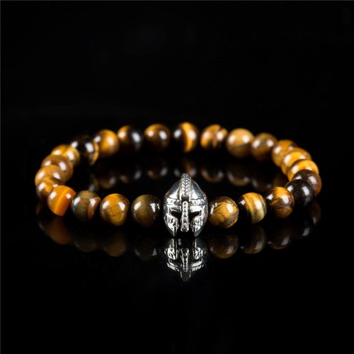 Men's Black Lava Stone Spartan Helmet 8mm Beaded Gold Silver Bracelets Cheapest - Picture 29 of 102
