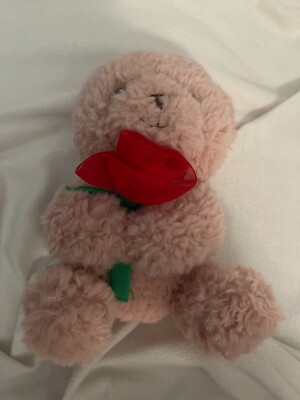 Plush Pinkish-Colored Fluffy Bear holding rose 7'' Mini Plush New