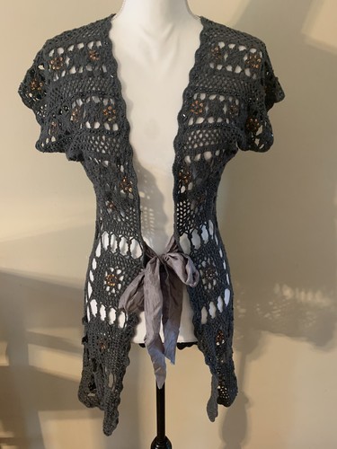 BOSTON PROPER S Gray Cotton  V Neck Cap Sleeve Tie Front Cardigan Sweater EUC - Picture 1 of 7