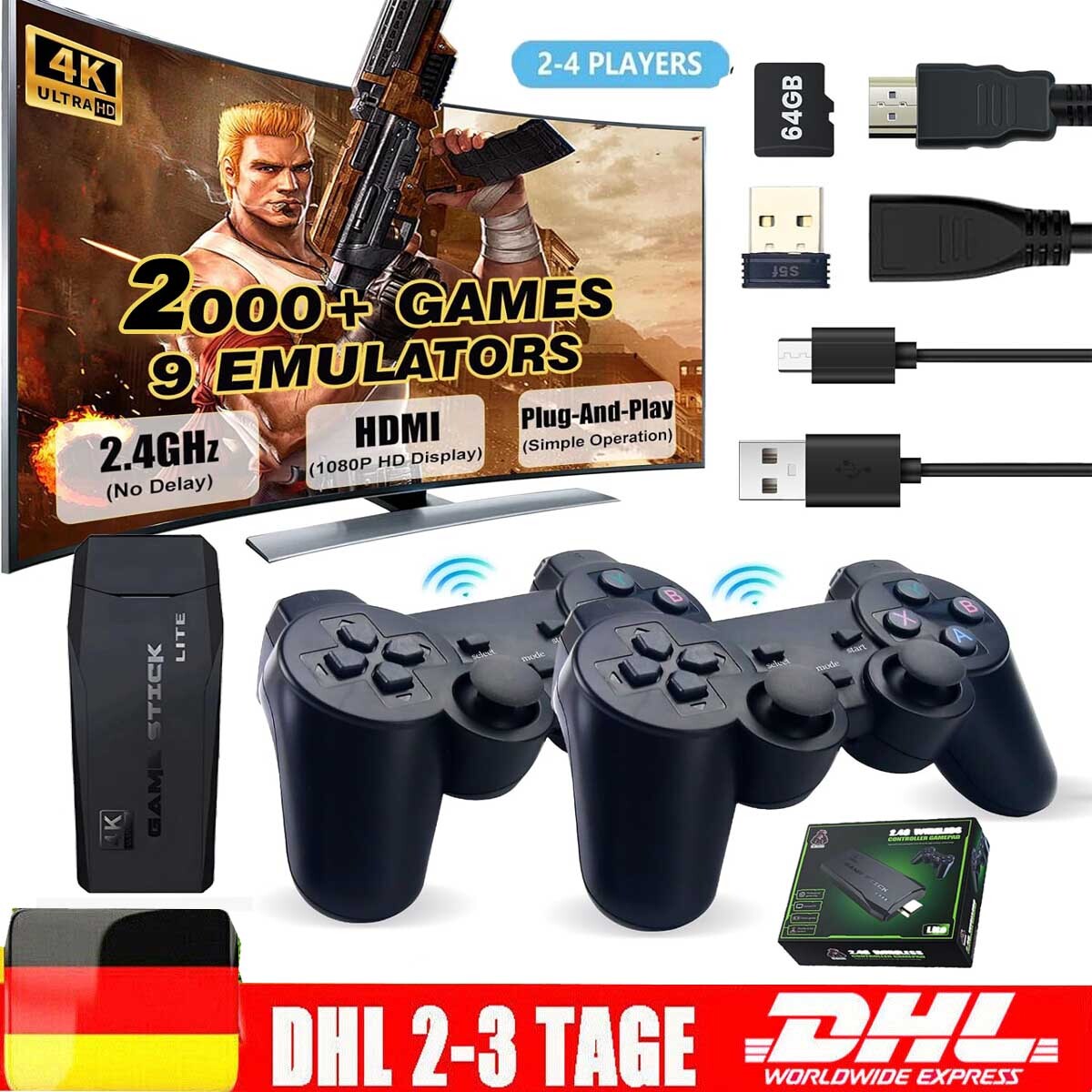 64GB Wireless 4K HDMI Videospielkonsole Retro 20000+ TV Spiele Stick + 2 Gamepad