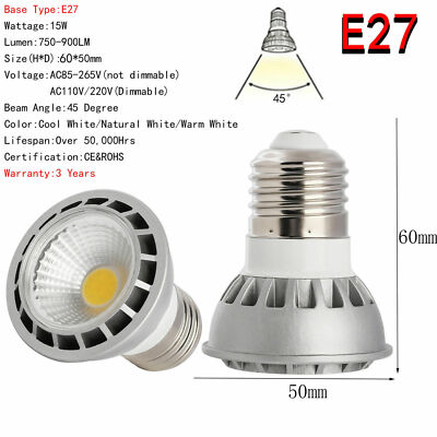 15W LED COB Spotlight Bulb – Dimmable, GU10/E27/E26/MR16 Bases, Warm White, 50,000 Hour Life