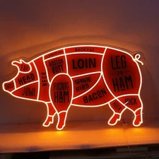 The Butcher Pig LED Neon Sign, Meat Cuts Sign LED Neon, Size 27x47" | 70x120cm