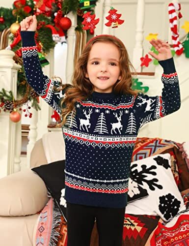 Family Matching Christmas Sweater Elk Christmas Tree Print 3-4T Kids Navy - Bild 2 von 6