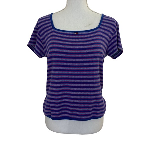 Tommy Hilfiger Tommy Jeans Striped T Shirt Y2K Womens Square Neck Logo Side Slit