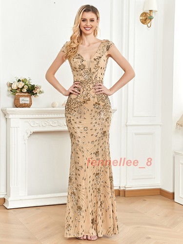 Womens Sequin Long Formal Dress V Neck Evening Dress Ball Gown Short Sleeve Maxi - Picture 10 of 31
