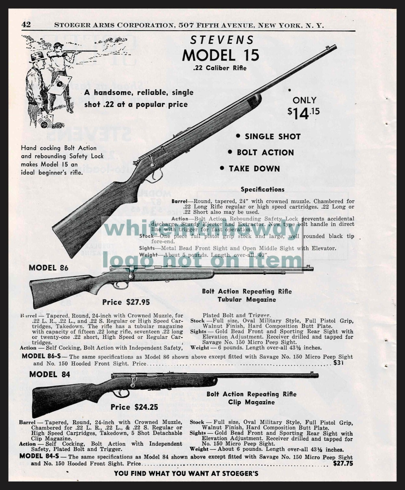 1952 STEVENS Model 15, 86, 84 .22 Bolt Action Rifle AD shown w/ original  prices | eBay