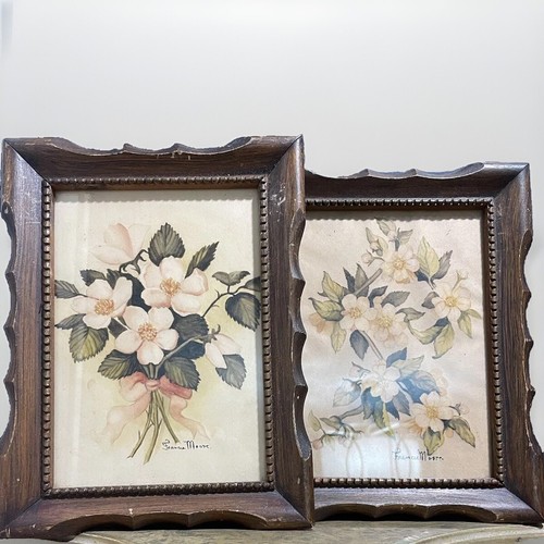 40s Floral Botanical Vintage Pair Art Prints Wood Carved Scalloped Frames Signed - Picture 2 of 6