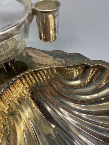 Vtg Sheridan Silverplate Footed Shell Serving Tray with Glass Dip & toothpick - Bild 4 von 12