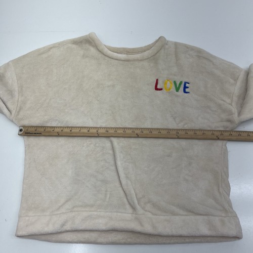 Beige Long Sleeve Crewneck “Love” Flower Embroidered Sweater Girls Size Large - Picture 6 of 6