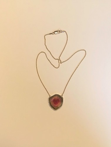 Stunning $3,000.00 14k Watermelon Tourmaline & Diamond Framed Necklace - Picture 12 of 12