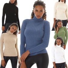 Damen Rollkragen Sweatshirt Pullover gerippt Stretch Slim Bodycon Streifen