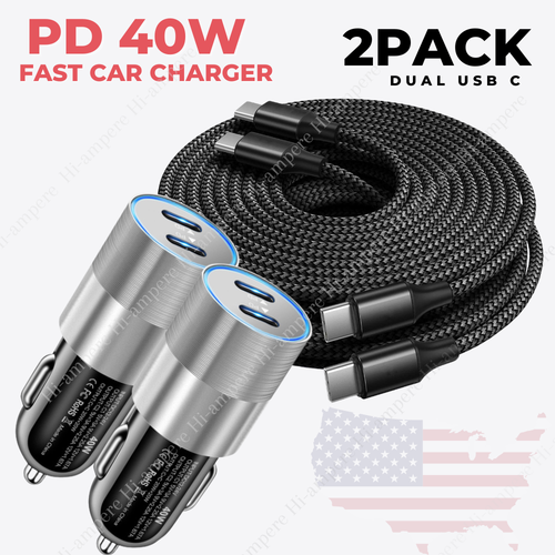 2Pack Dual Type C Fast 40W Car Charger Adapter USB C To C Cable For iPhone 15 16 - Picture 18 of 18