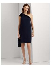 /LX022/ Ralph Lauren Chiffon Velvet-Trim One-Shoulder Dress Navy Sz 6 $175