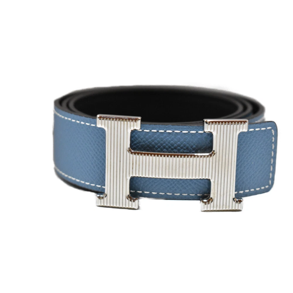 HERMES Belt Constance Stories Stripe H Buckle Leather Light Blue
