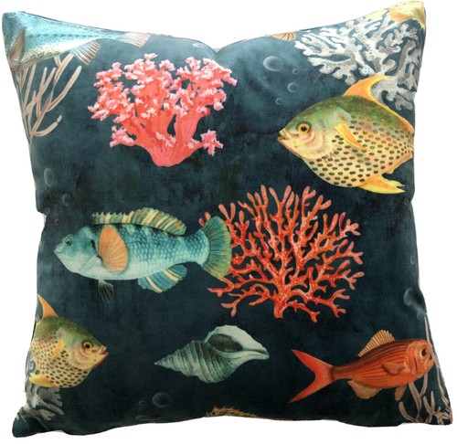 Fishes Cushion Cover Tropical Velvet Fabric Printed Blue Ocean Coral Reef - Picture 3 of 4