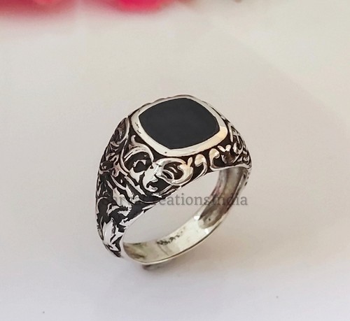 Natural Black Onyx Ring Turkish Statement Ring 925 Sterling Silver Signet Ring - Picture 3 of 4