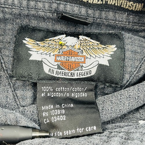 Mens M Harley Davidson Shirt Logo Embroidery Dark Gray Check Long Sleeve Button - Picture 4 of 5