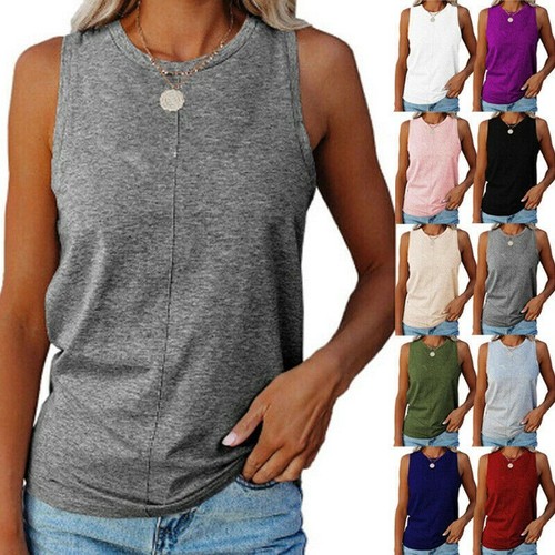 Womens Summer O Neck Sleeveless Top Casual Loose Blouse Solid Beach T Shirt Tank