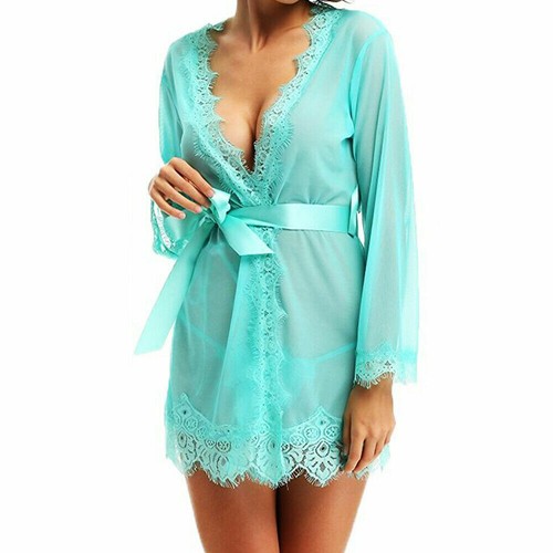 Women Sexy Lingerie Lace Bathrobe See Thru Robe Nightgown Sleepwear G-string Set - Picture 38 of 42