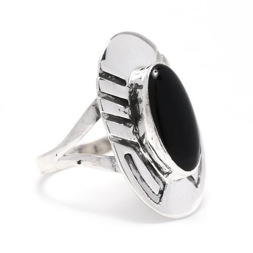 Oval Black Onyx Tribal Ring, Sterling Silver, Ring Size 8, Large Onyx Statement - Picture 5 of 5