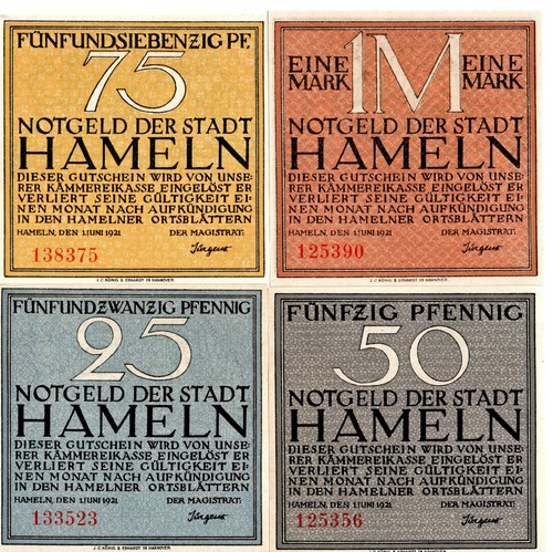 4 x Notgeld - Gutschein der Stadt Hameln (Niedersachsen) 1. Juni 1921 - Bild 1 von 2