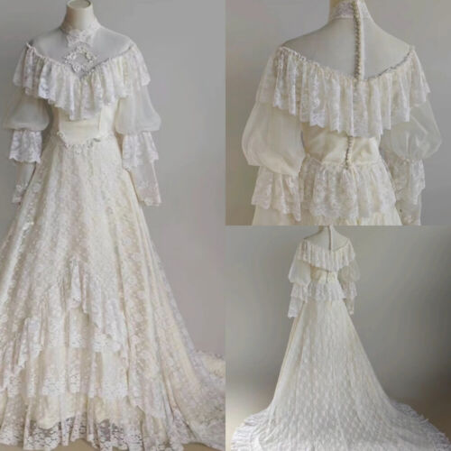 Vintage Wedding Dresses Tiered Lace Ruffle Sweep Train V Neck Bridal Gowns Boho - Afbeelding 1 van 9