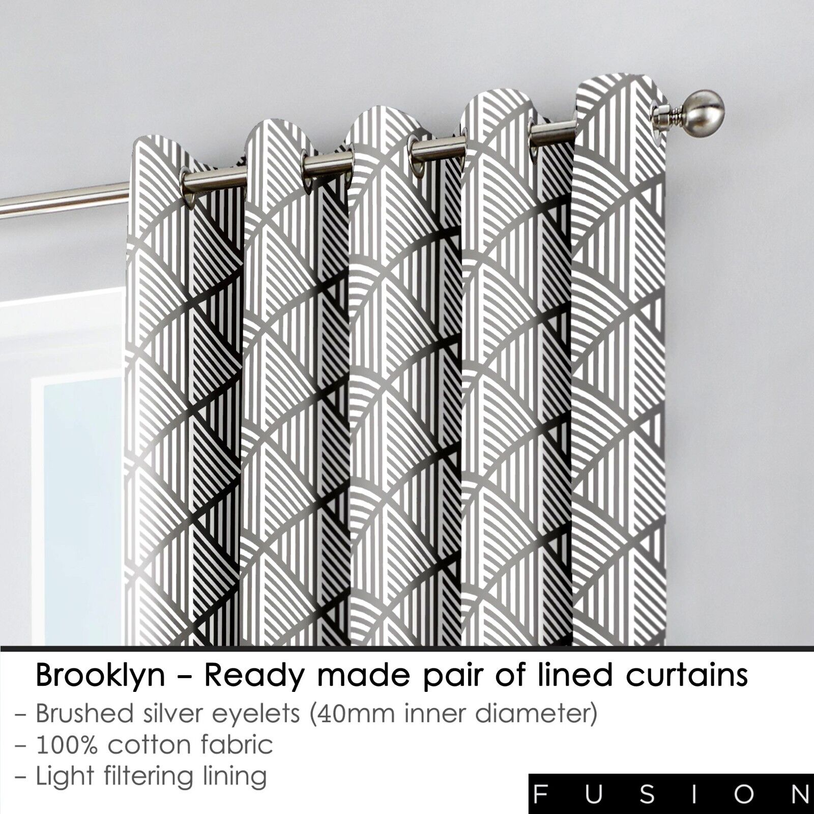 Fusion BROOKLYN Grey 100% Cotton Ready Made Eyelet Curtains & Cushions - Picture 15 of 24