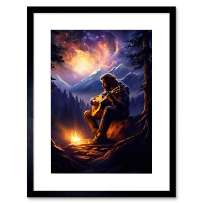 Playing Guitar By A Campfire Mountain Forest Landscape Framed Art Picture 9X7''