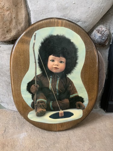 Vintage Decoupage Eskimo Inuit Wall Art Toddler Fishing Wood 1996 Handmade - Picture 1 of 12