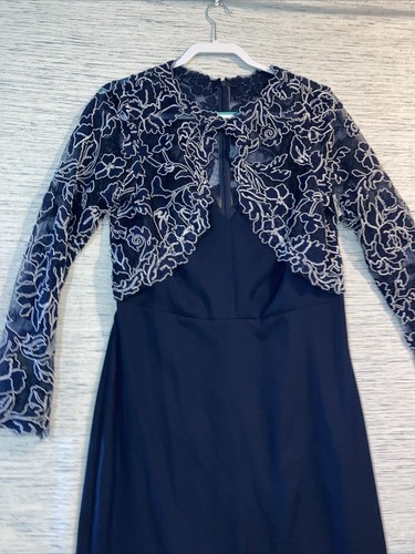 NWT TADASHI SHOJI Navy Blue White Darya Embroidered Lace Crepe Stretch Gown 14 L - Picture 5 of 14