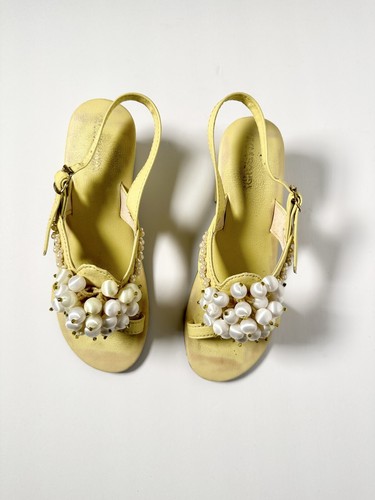 Vintage 1960s 1970s Vagabonds Pearl Beaded Satin Ball Sandal Heel Shoes Yellow 7 - Picture 5 of 22