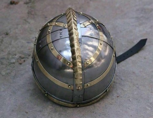 Elmetto/cavaliere vichingo a costine Vendel medievale in acciaio 18GA ottone goffrato - Foto 3 di 13