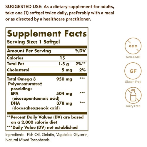 Solgar Triple Strength Omega-3 950 mg 100 Softgels - Picture 2 of 10