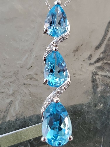 Blue Topaz Labcreated Pear Cut & Diamond Pendant 10kt Solid White Gold - Picture 2 of 12
