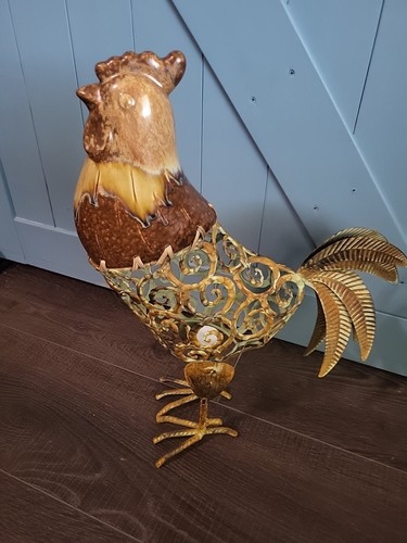 Rooster Metal Scroll Design And Ceramic Head With Rebarb Legs 20" tall Tealite - Picture 2 of 9