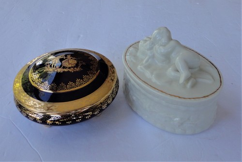 2 Trinket Box Vintage Belleek Irlanda Cherubino Dorato & La Reine Limoges B39 Oro Cobalto - Foto 1 di 11