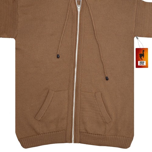 HOMBRE HECHO A MANO ALPACA ANDINA SÓLIDO MARRÓN CLARO CREMALLERA SUDADERA CON CAPUCHA SUÉTER TALLA XL - Imagen 3 de 8