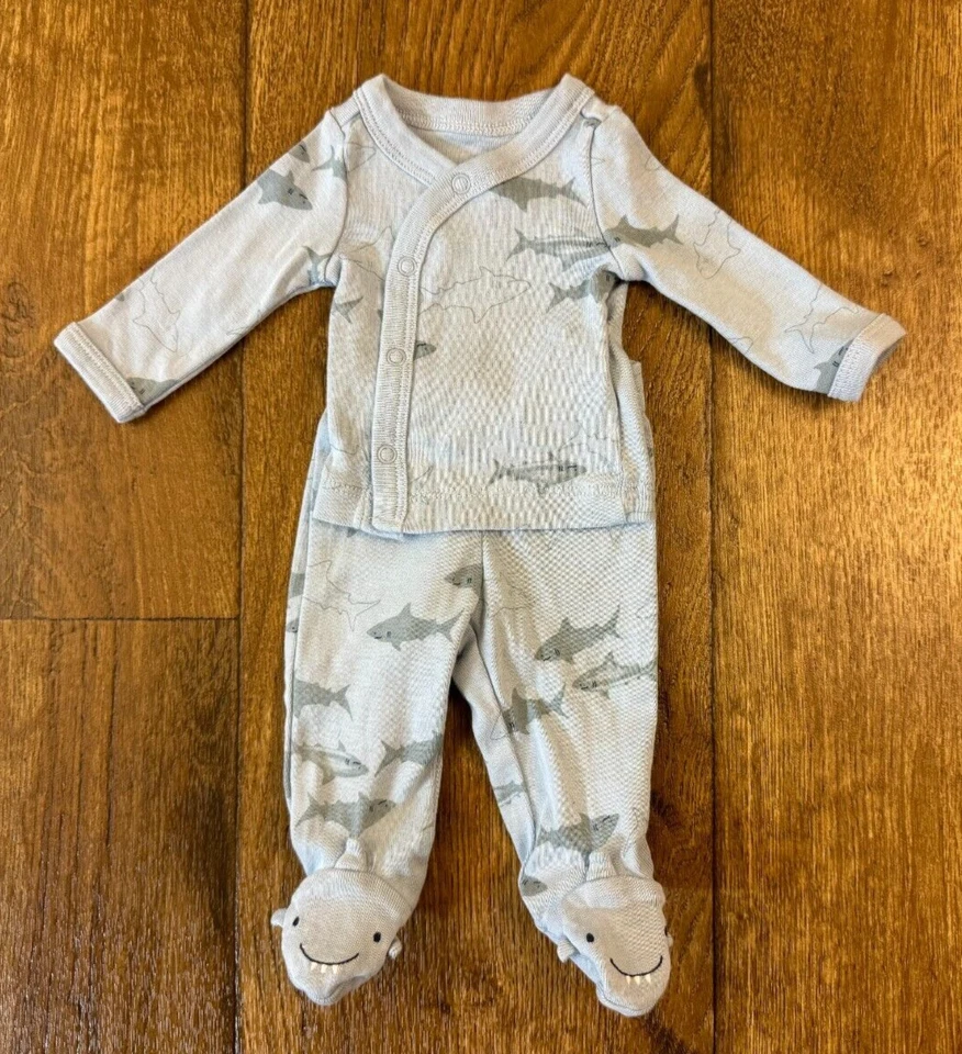 Conjunto de 2 piezas Carters bebé prematuro niño manga larga pantalones azul tiburón renacido Foto 3 de 4