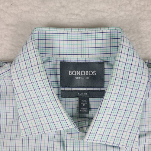 Bonobos Shirt Mens 15.5 34 Teal Green Purple Wrinkle Free Slim Dress Button Up - Picture 4 of 11