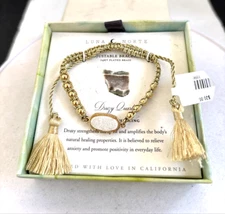 LUNA NORTE 14K GOLD PLATED WHITE DRUSY QUARTZ THREAD TASSELS ADJUSTABLE BRACELET