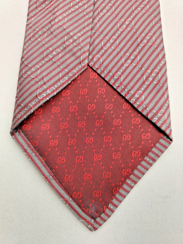 Corbata de diseñador de seda tejida pura Gucci de colección patrón de monograma rojo gris corbata para hombre - Imagen 8 de 8