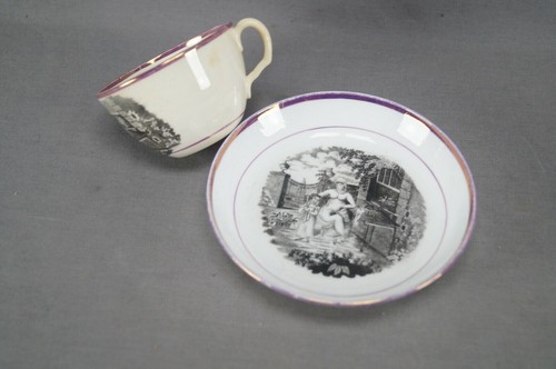 British Bat Print Mother & Little Girl in Garden Pink Luster Tea Cup & Saucer - Picture 2 of 11