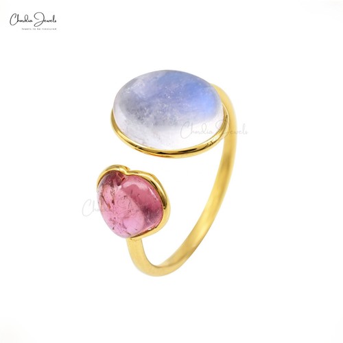 Genuine 3 Cts Moonstone & Tourmaline Cuff Ring 14k Yellow Gold Two Stone Ring - Picture 6 of 12