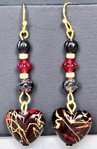 Gold with Vintage Red and Bronze Drizzle Heart Earrings. Love. Romance. - Picture 2 of 3