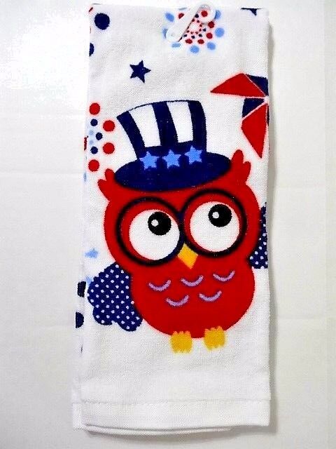 Patriotic Owl Kitchen Towel Pinwheel Top Hat Red White Blue Summer
