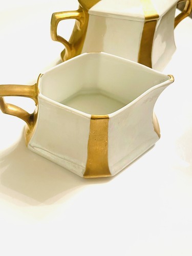 Vtg MZ Austria Porcelain Creamer & Sugar Set Gold & White Luster Moritz Zdekauer - Picture 10 of 12