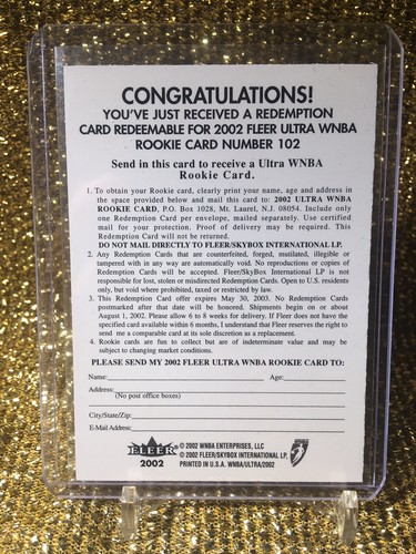 2002 Fleer Ultra #102 WNBA Swin Cash Detroit Shock Redemption RC Card - Picture 2 of 2