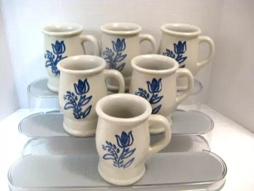 Pfaltzgraff Yorktowne Stoneware Blue Floral Flat Mug 282Y Set 6 UNUSED